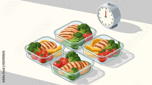 Meal prep containers with chicken and vegetables next to kitchen timer