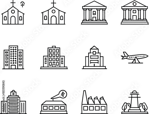 Minimal buildings and landmarks icon set featuring churches government offices city architecture travel symbols outline vector for modern ui design