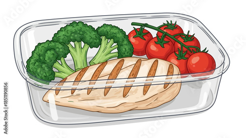 Grilled chicken meal prep with broccoli and cherry tomatoes in transparent container