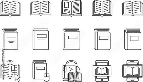 Minimal book and reading icon set featuring open closed digital books education symbols outline vector for modern ui design