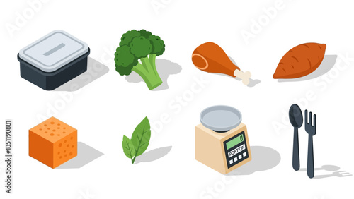 Isometric cooking essentials: broccoli, meat, sweet potato, and kitchen tools