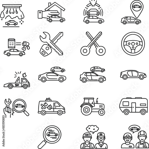 Minimal automotive repair and car service icon set featuring maintenance towing insurance wash symbols outline vector design ui modern