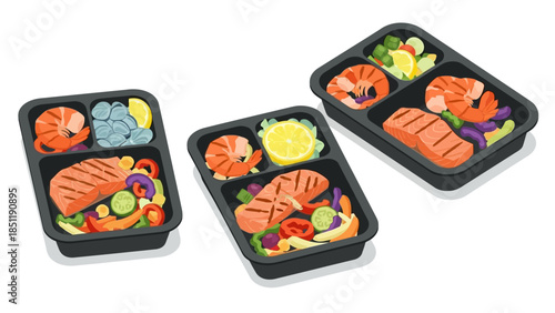 Healthy meal prep with salmon, shrimp, and fresh vegetables in containers