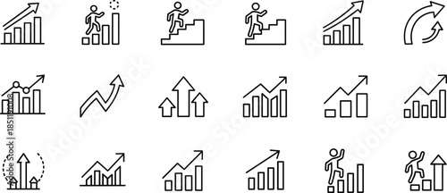 Growth and Progress Icons Set – Upward Arrows, Bar Charts, Climbing Figures, Success Metrics, Business Improvement, Productivity, Achievement, Advancement