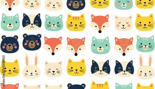 Cute Animal Faces Pattern Vector for Kids' Decoration