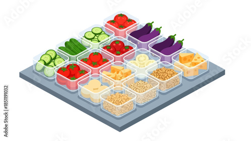 Isometric food storage: fresh vegetables and cheese in transparent containers