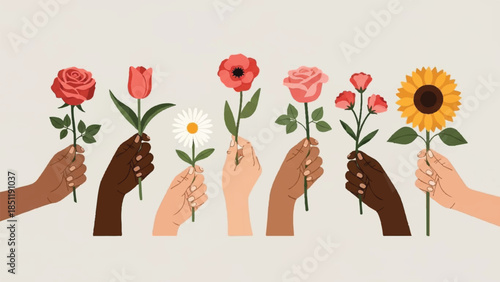 Diverse hands holding various flowers together in a symbol of unity and solidarity