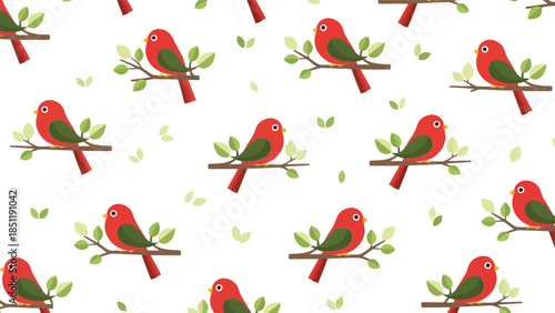 Charming Red Bird Vector Pattern with Green Leaves for Nature-Inspired Designs and Seasonal Decor