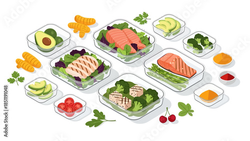 Colorful meal prep with fresh ingredients in isometric style containers