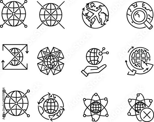Global Connectivity and Data Exchange Icons Set – Airplane, Globe, Network Nodes, Search, Collaboration, International Travel, Communication, Restricted Access