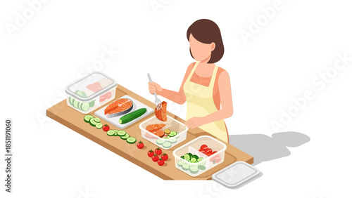 Woman preparing healthy meal with salmon and vegetables in kitchen