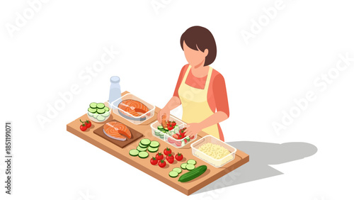 Isometric woman preparing healthy meal with fresh ingredients in modern kitchen setting