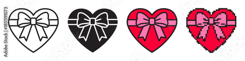 Set of Valentine heart icons wrapped with ribbon and bow: linear editable stroke, solid glyph, colored fill, and pixel art. Cute romantic symbols for love, gift, wedding, and holiday designs.