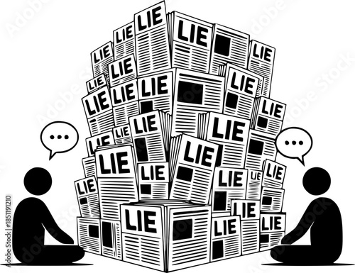 Two people are separated by a wall of newspapers with Lie headlines, symbolizing fake news and disinformation. The concept of the absence of dialogue, deepfakes and media manipulation.