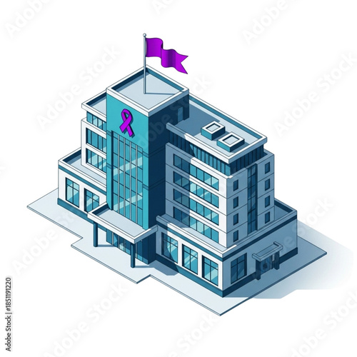 Isometric illustration of a modern hospital building with a purple ribbon symbol