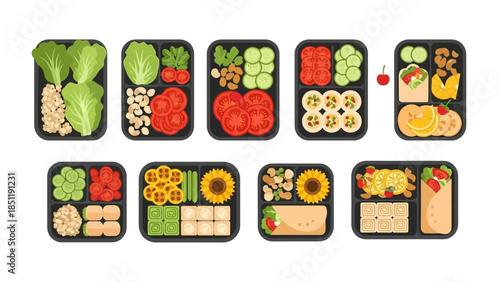 Colorful flat design bento boxes with diverse healthy ingredients