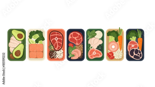 Healthy meal prep boxes with fresh ingredients in flat style