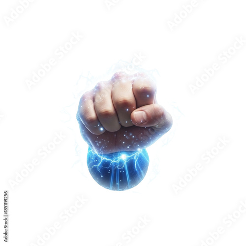 Powerful fist striking blue energy sphere