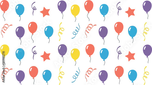 Colorful Celebration Vector Featuring Balloons, Stars, and Streamers; Perfect for Party Invitations and Festive Designs