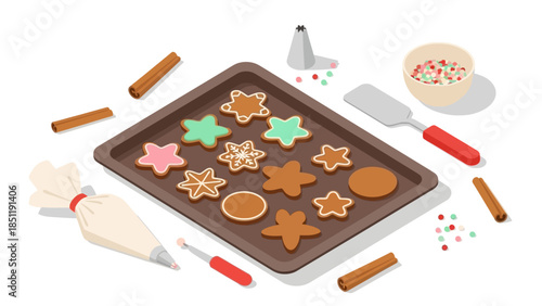 Festive cookie baking scene with gingerbread and icing tools in isometric style