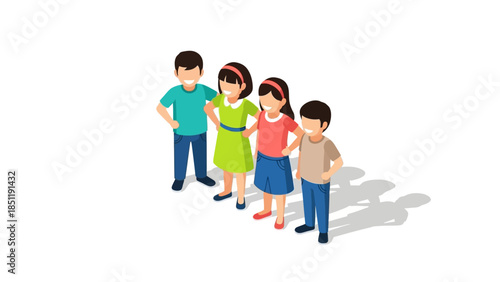 Isometric family group of four people smiling on white background