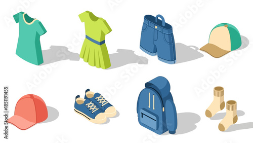 Isometric clothing icons: casual wear and accessories in modern design