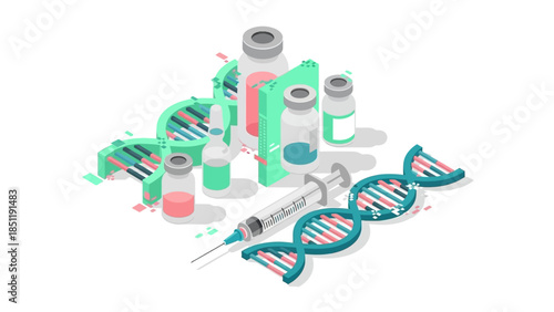 Isometric medical research concept with dna helix, syringe, and vaccine bottles