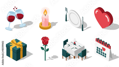 Romantic dinner elements set with wine, candle, and heart in isometric style