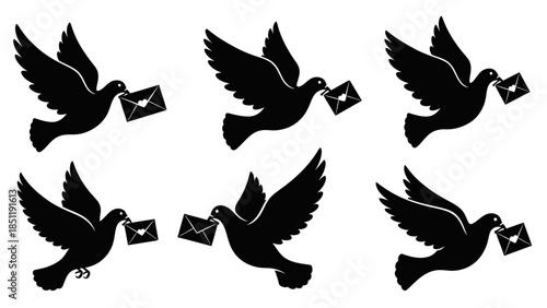 Set of black vector bird silhouettes featuring eagle and dove wings in flight for nature tattoo art and wildlife design icons