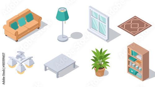 Modern isometric home interior elements with furniture, decor, and plants