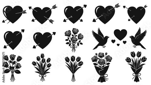 Seamless vector pattern illustration featuring a set of black tree silhouettes and floral heart shapes for a romantic vintage wedding decoration or Valentine's Day ornament design element