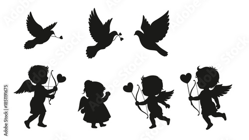 Black vector illustration set featuring a collection of halloween design icons including a girl silhouette with wings and a sword alongside a cat, bird, and dog animal silhouettes