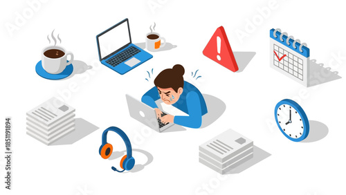 Overworked employee in office setting with tech and task icons in isometric style