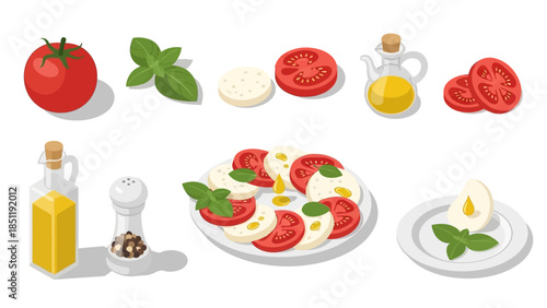 Isometric caprese salad components with olive oil, tomatoes, mozzarella, and basil