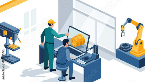 Engineers designing in isometric industrial workspace with robotic arm and 3d printing