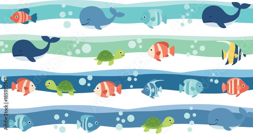 Playful Marine Life Vector Patterns Featuring Whales, Fish, and Turtles in Vibrant Ocean Colors for Seamless Designs