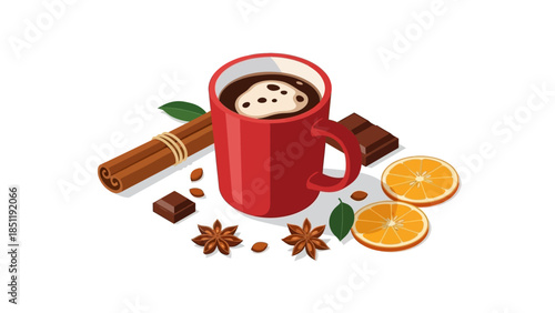 Aromatic coffee mug with cinnamon, chocolate, and orange slices in isometric design