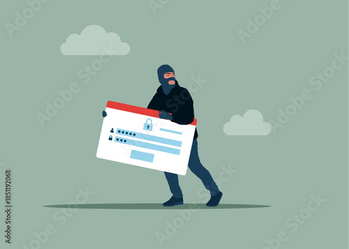 Thief stealing login account, burglar with account. Online Information Hacking. Flat vector illustration