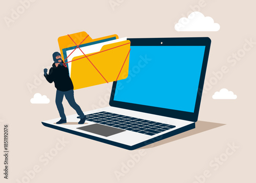 Thief stealing files data from a laptop, burglar with folder. Fraud, Hacking and Cyber Crime. Organizing file and document in database. Flat vector illustration