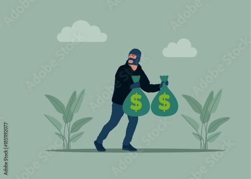 Finance risk problem. Thief stealing dollar money, burglar with bags of money. Money budget theft and mistake cost steal expensive coin. Flat vector illustration