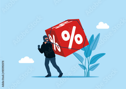 Finance risk problem. Thief stealing cube block with percentage, burglar hand with credit. Flat vector illustration