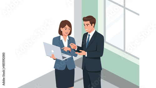 Business professionals collaborating with laptop in modern office