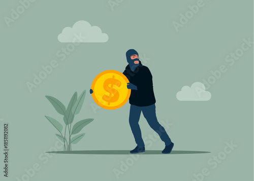 Finance risk problem. Thief stealing dollar coin, burglar with money. Money budget theft and mistake cost steal expensive coin. Flat vector illustration