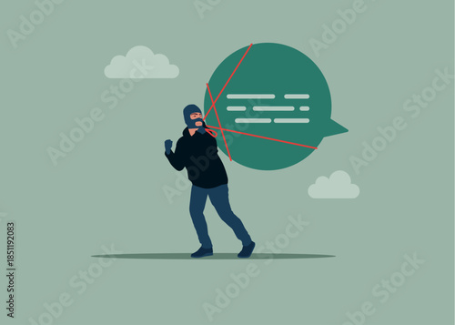 Cyber security and phishing concept. Thief stealing speech bubbles, burglar with message. Hacking and Cyber Crime. Flat vector illustration