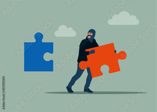 Thief stealing jigsaw puzzle element, burglar hand with puzzle. business collapse. Vector flat illustration