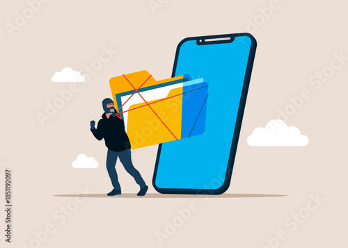 Thief stealing files data from a mobile phone, burglar with folder. Fraud, Hacking and Cyber Crime. Organizing file and document in database. Flat vector illustration