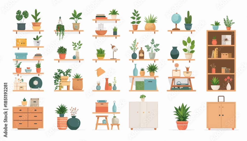 Naklejka premium Collection of plants and planters displayed.