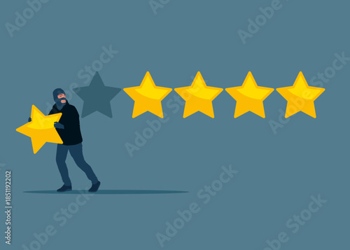 Five star rating concept. Thief stealing stars, burglar hand with gold star. business collapse. Vector flat illustration