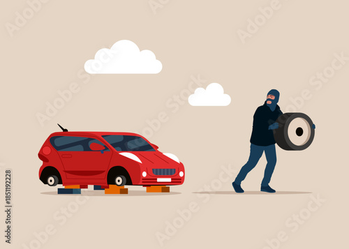 City criminal scene. Thief stealing car wheel, burglar with car parts. parked car without wheels. Vector flat illustration