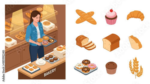 Isometric bakery scene with woman arranging pastries and bread icons
